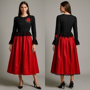 Vtg William Pearson Rose Lace Satin Formal Midi Dress 80s Whimsigoth Holidays